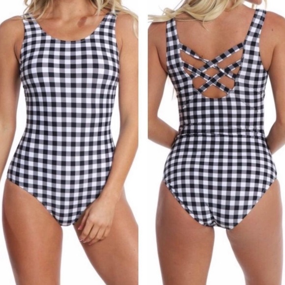 Coral Reef Black And White Gingham One Piece Cross Back Swimsuit - Picture 1 of 5